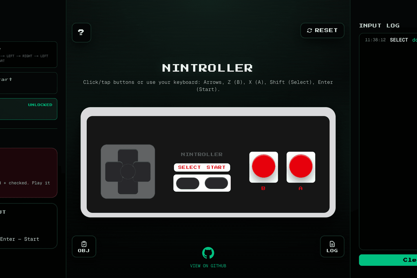 The Nintroller interface, an NES controller between a cheat objectives panel and a live input log