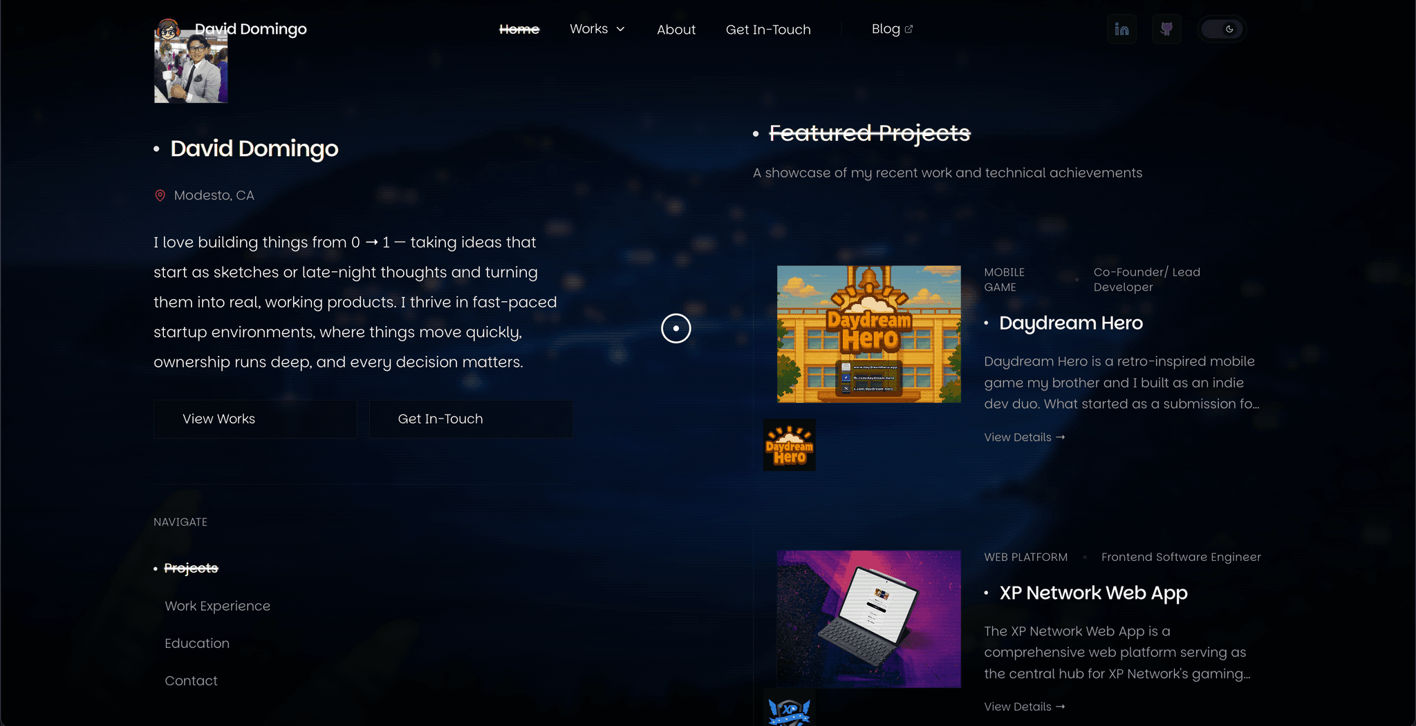 The 2025 portfolio home page, a night sky behind a split layout of bio and featured projects
